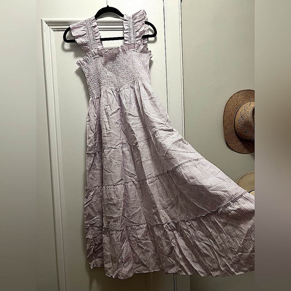 Ellie Nap Dress Lilac and white stripped linen nap dress from Hill House Home